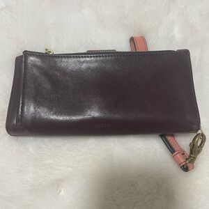 FOSSIL burgundy wallet with pink wrist strap